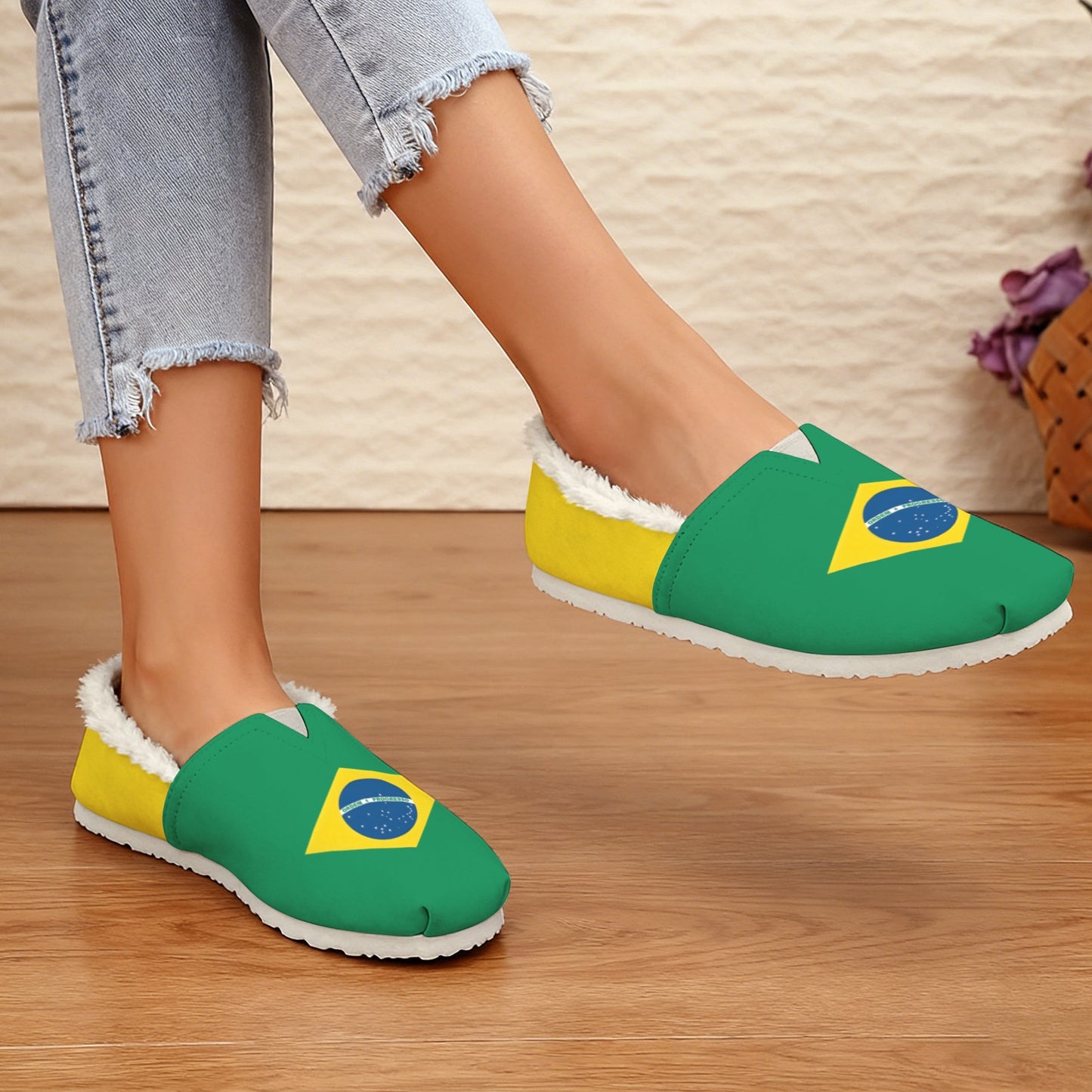 Brazil Flag Inspired Women's Fleece-Lined Canvas Slip-On