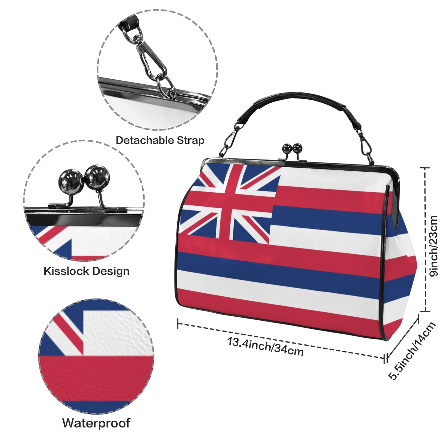 Hawaii Flag Inspired Kisslock Crossbody Shoulder Bag-Large