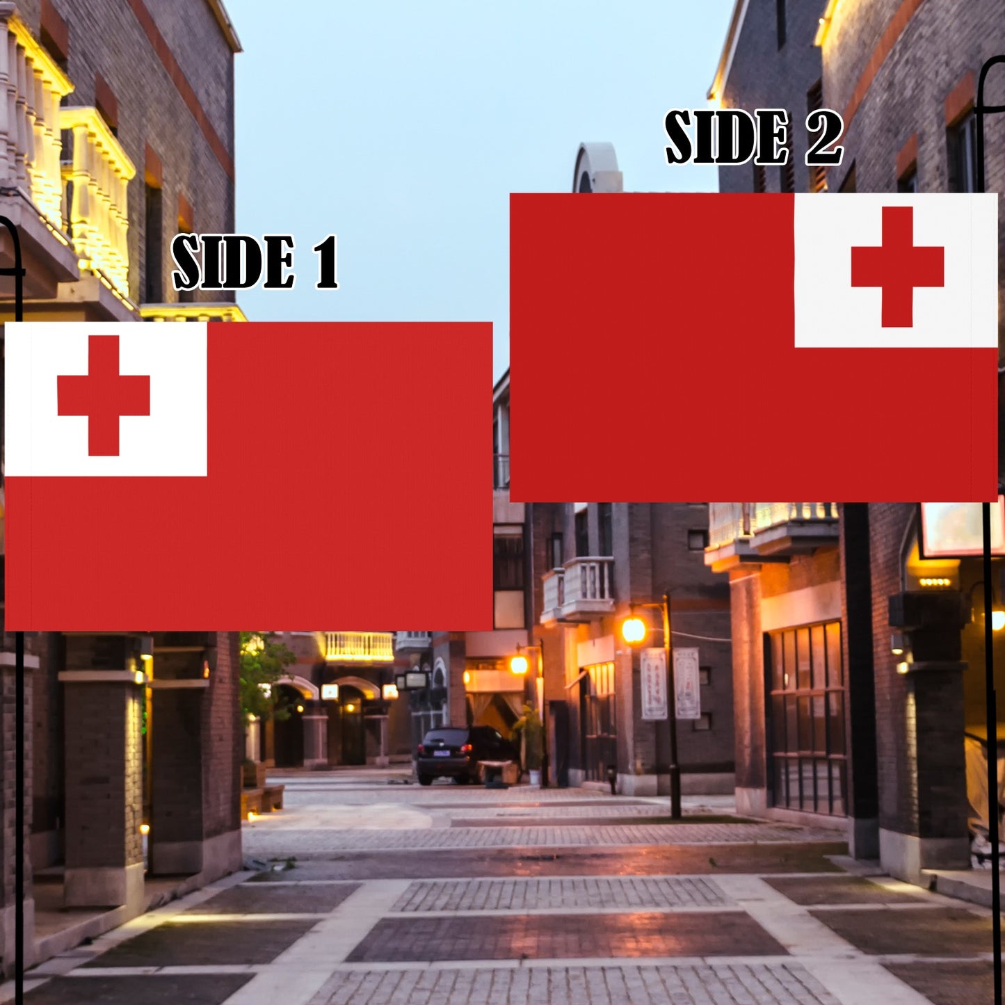 Two-sided red flag by Luv My Flag, urban background.