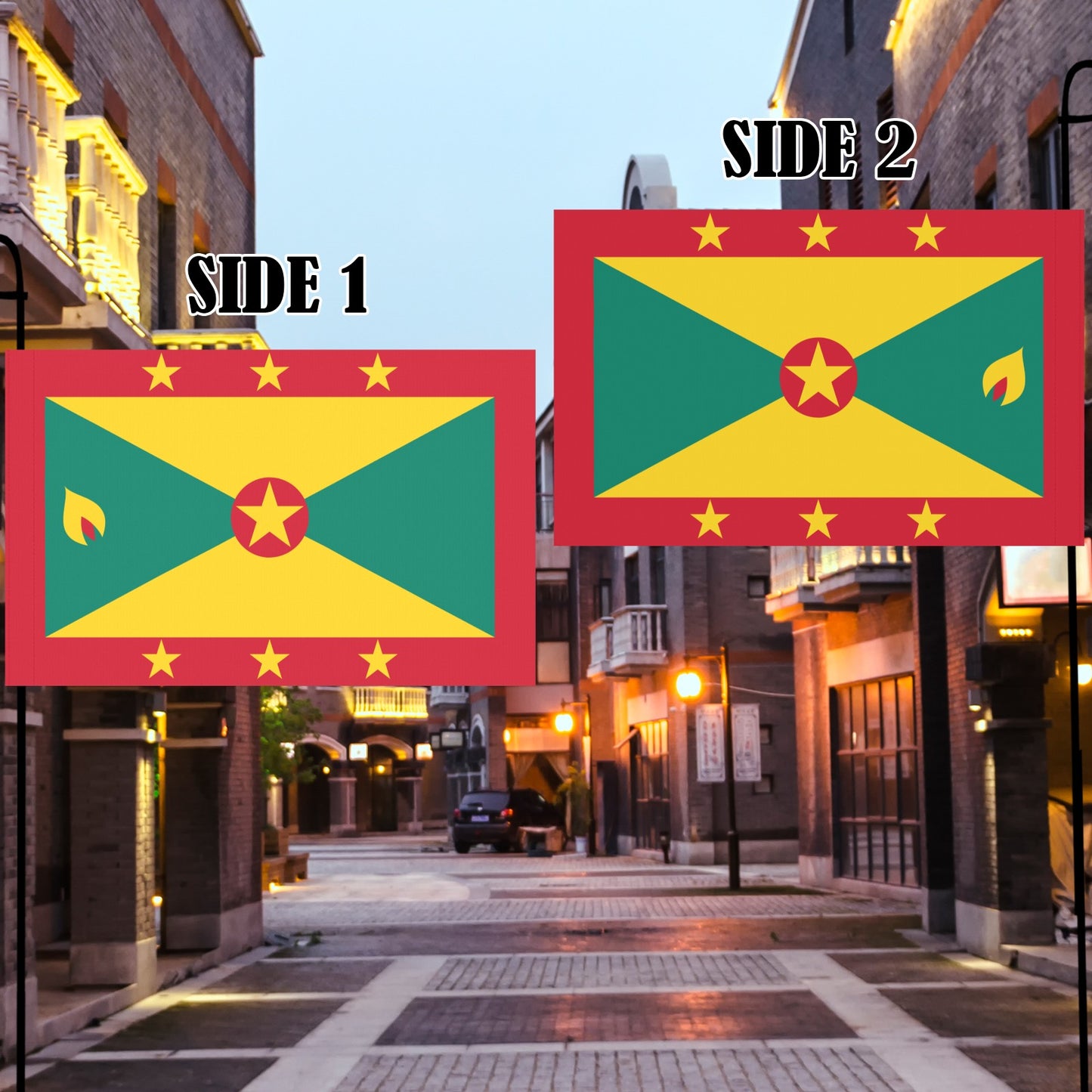 Luv My Flag, Grenada flags displayed in charming street.