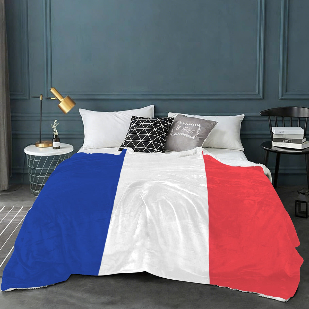 France Flag Inspired Sherpa Fleece Blanket 90" x 108" | Prtinted in the USA
