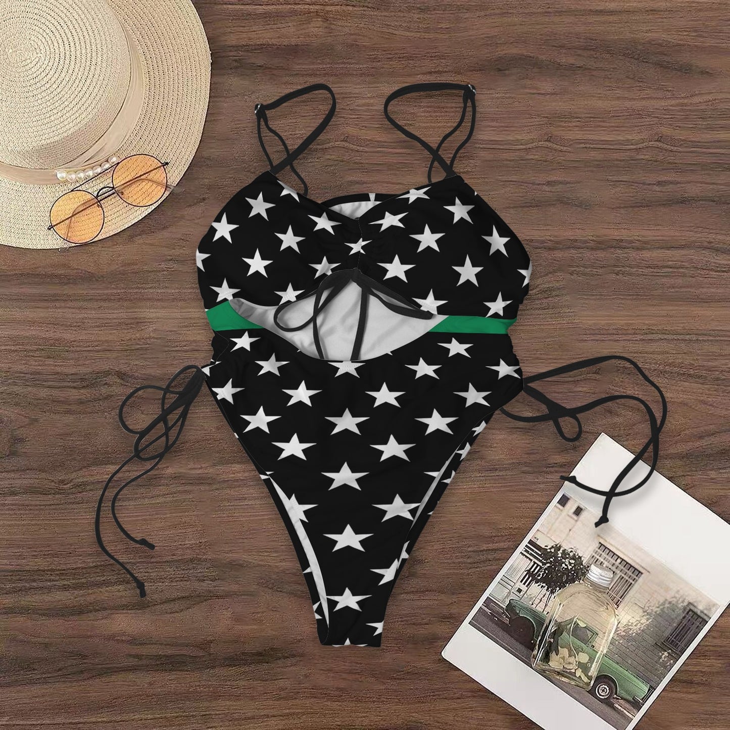 Thin Green Line Flag Inspired Women's Drawstring Cutout One Piece Swimsuit