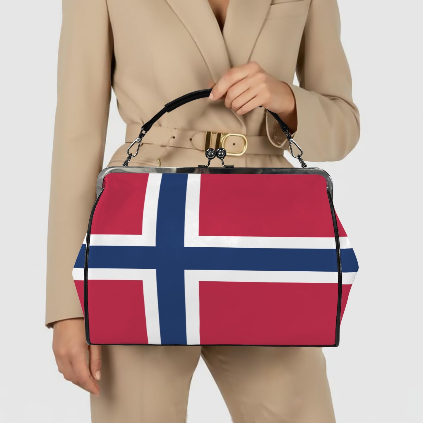 Norway Flag Inspired Kisslock Crossbody Shoulder Bag-Large