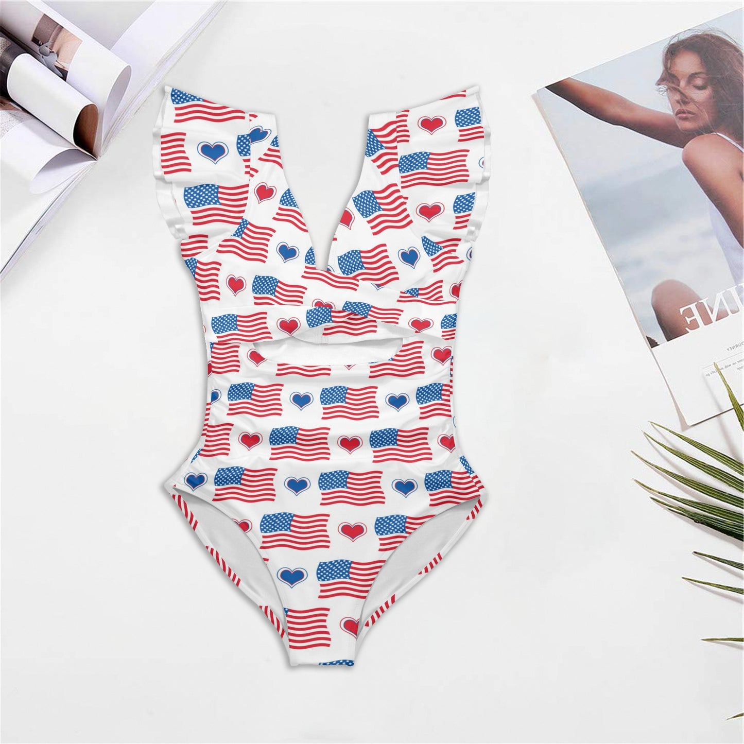 USA/American Flag Inspired Flag and Hearts Pattern Women's Twist Front Ruffle Sleeve Swimsuit