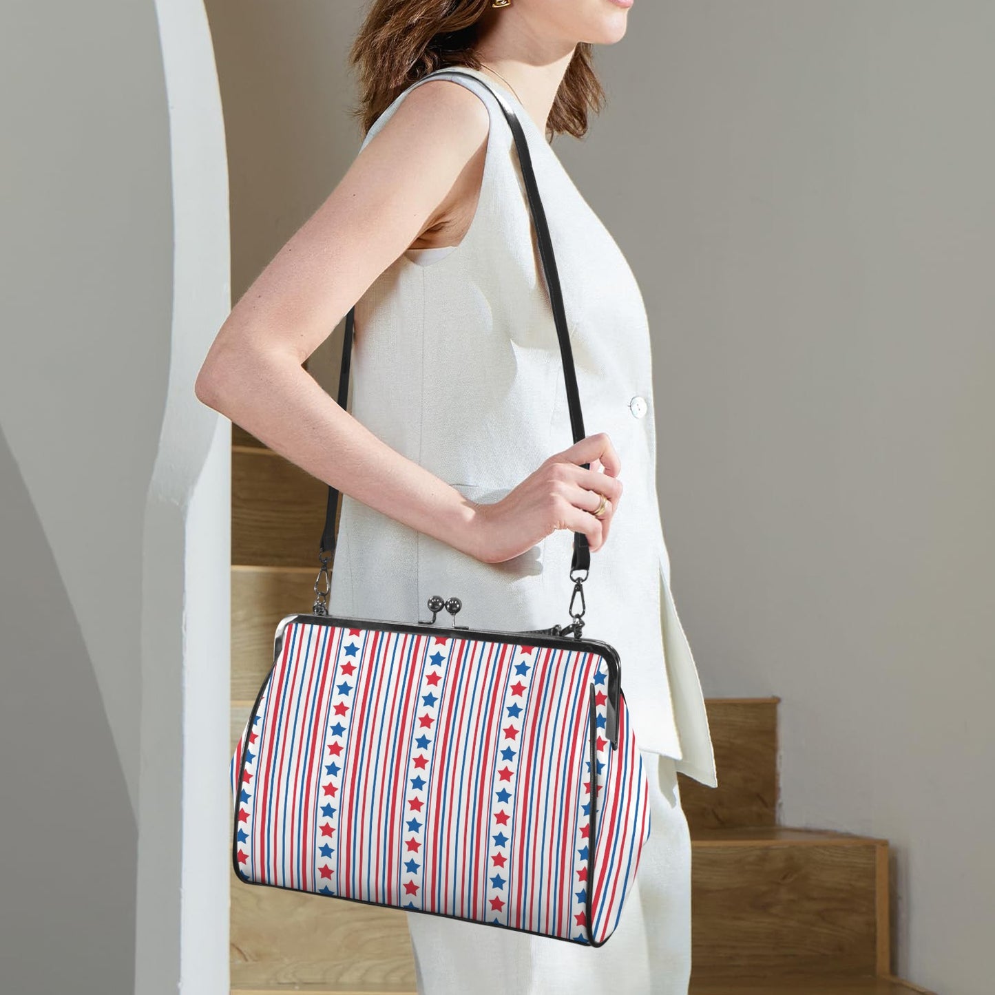 USA/American Flag Inspired Stars & Stripes Pattern Kisslock Crossbody Shoulder Bag-Large
