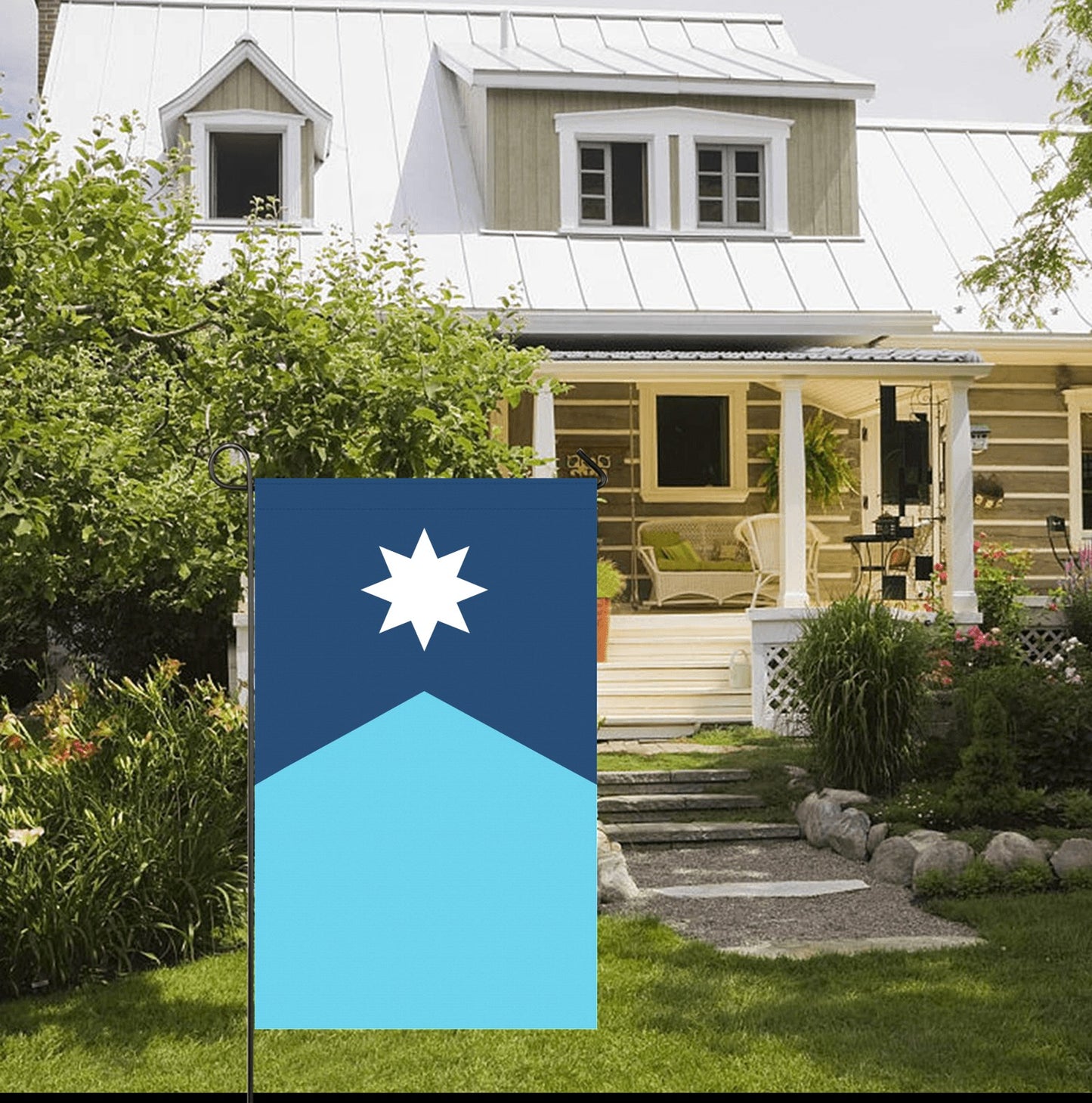 Flag display by porch, blue house, Luv My Flag brand.