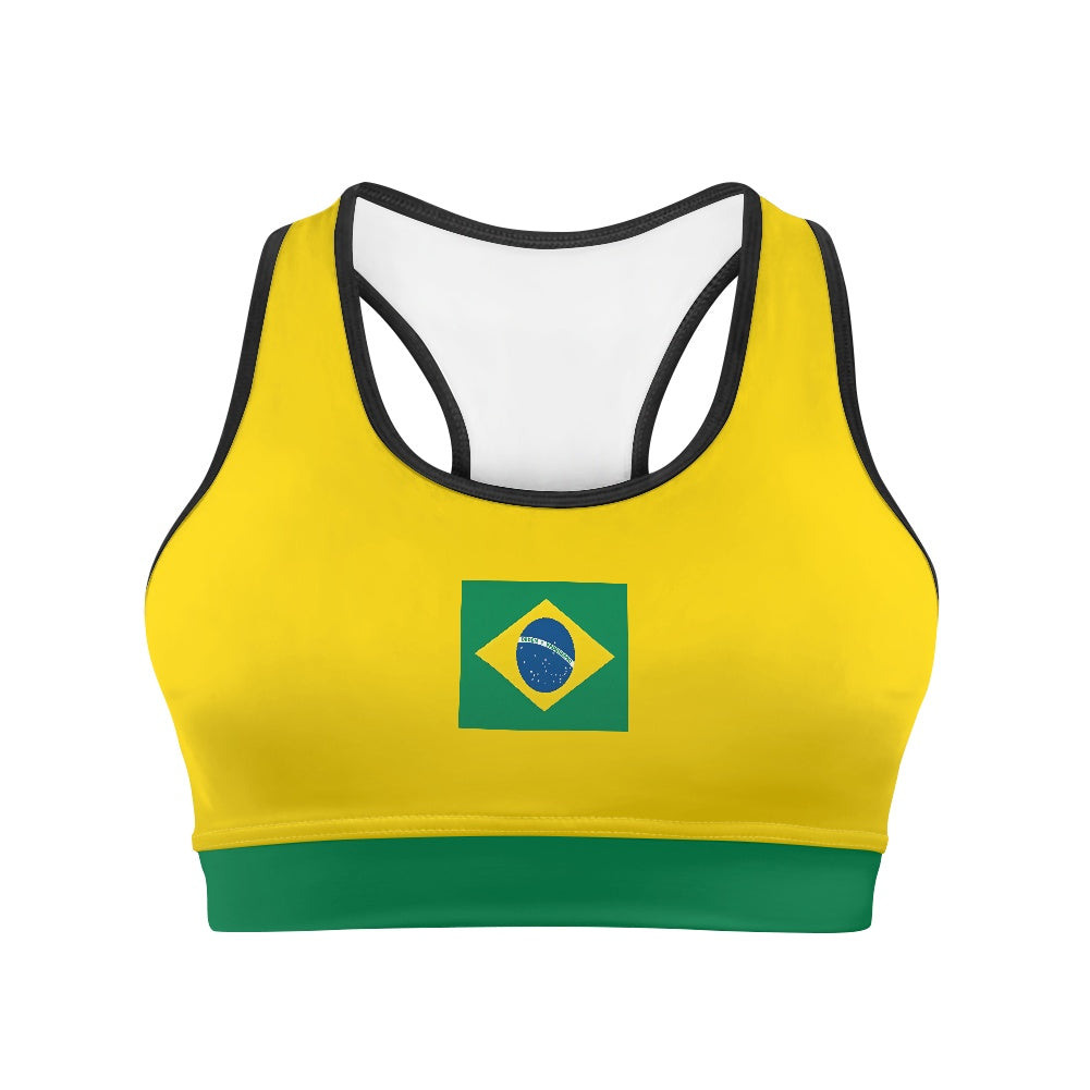 Brazil Flag Inspired Women’s Sports Bra with Back Pocket – Black or White Trim - Luv My Flag