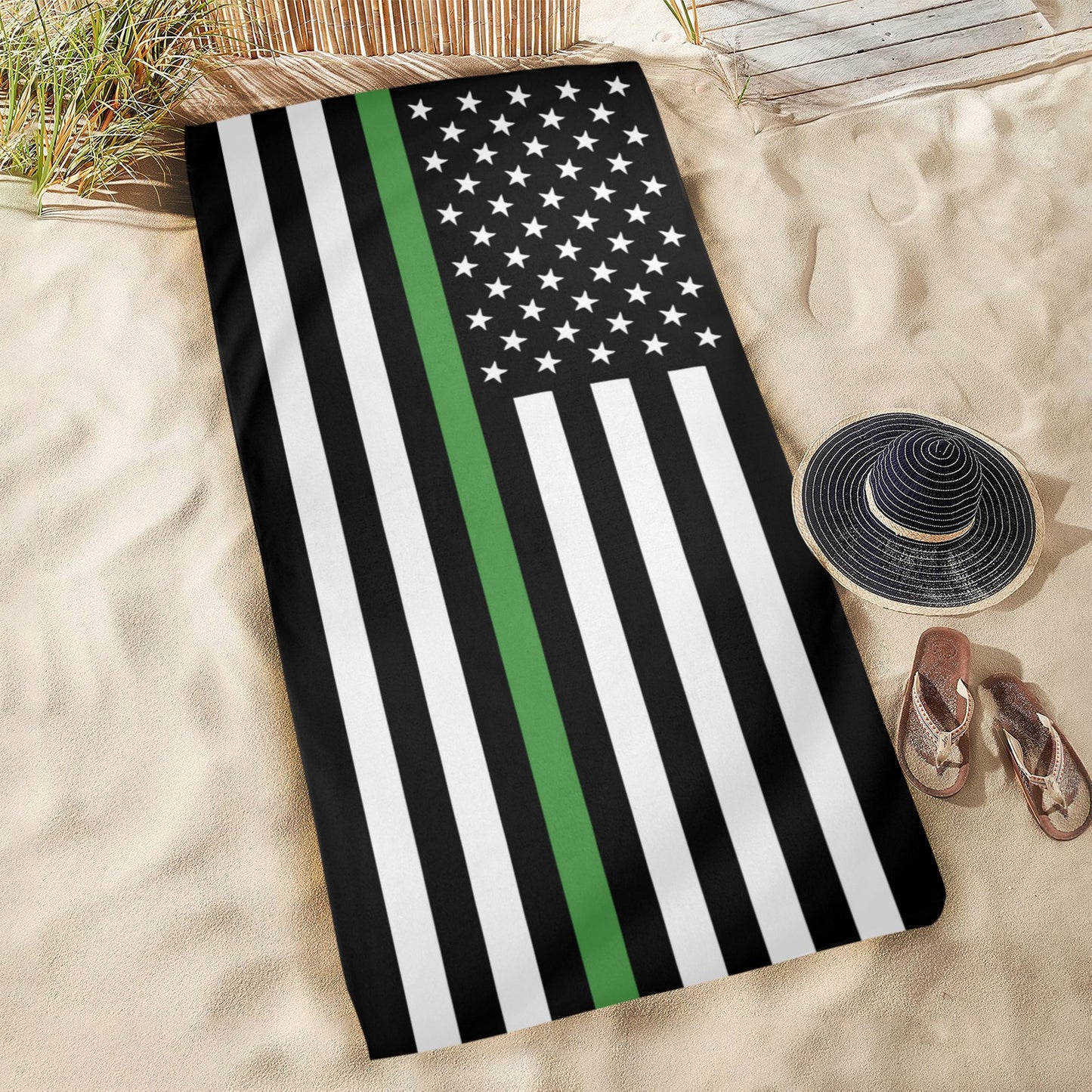 Thin Green Line Flag Beach Towel 31"x71" (Made in USA)