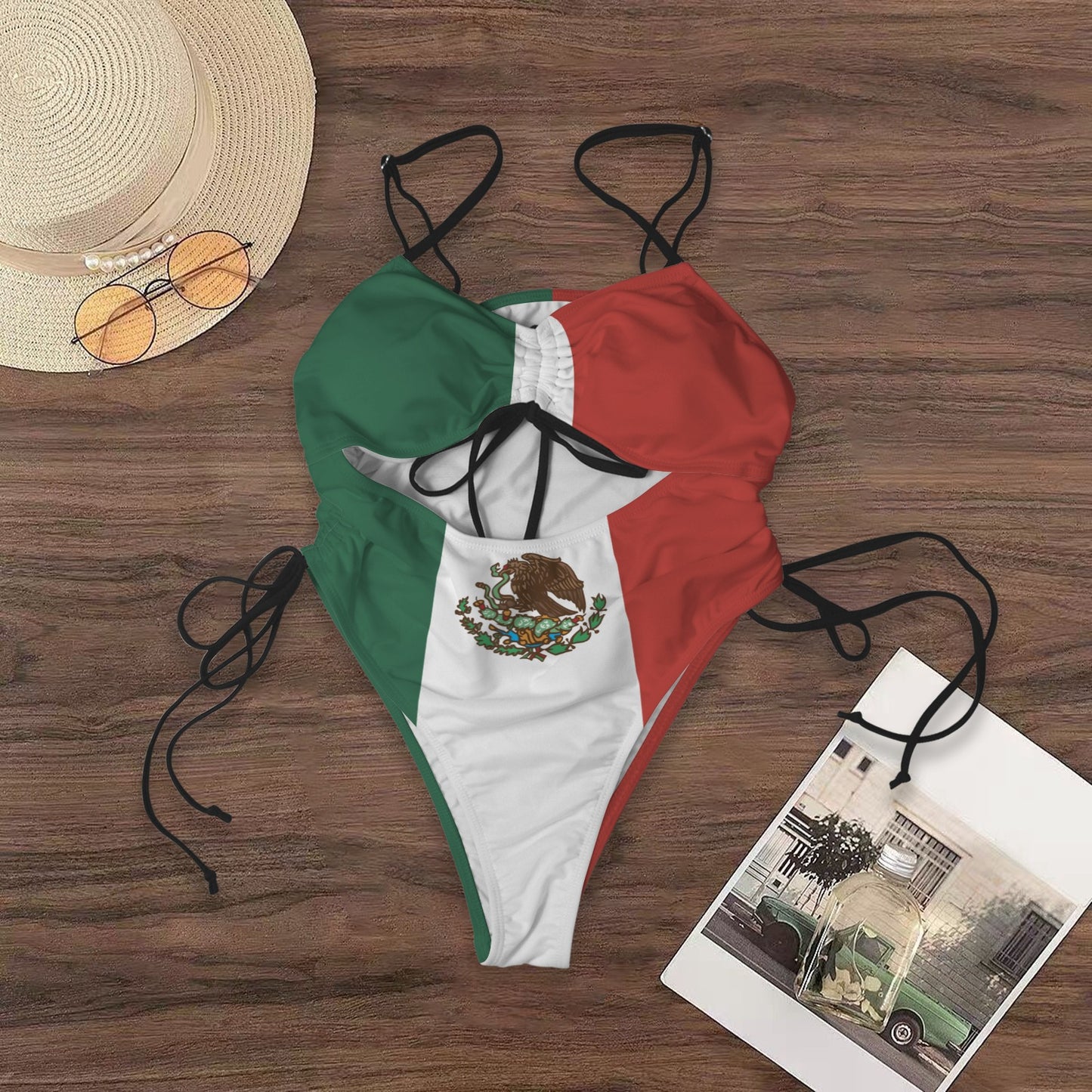 Mexico Flag Inspired Women's Drawstring Cutout One Piece Swimsuit