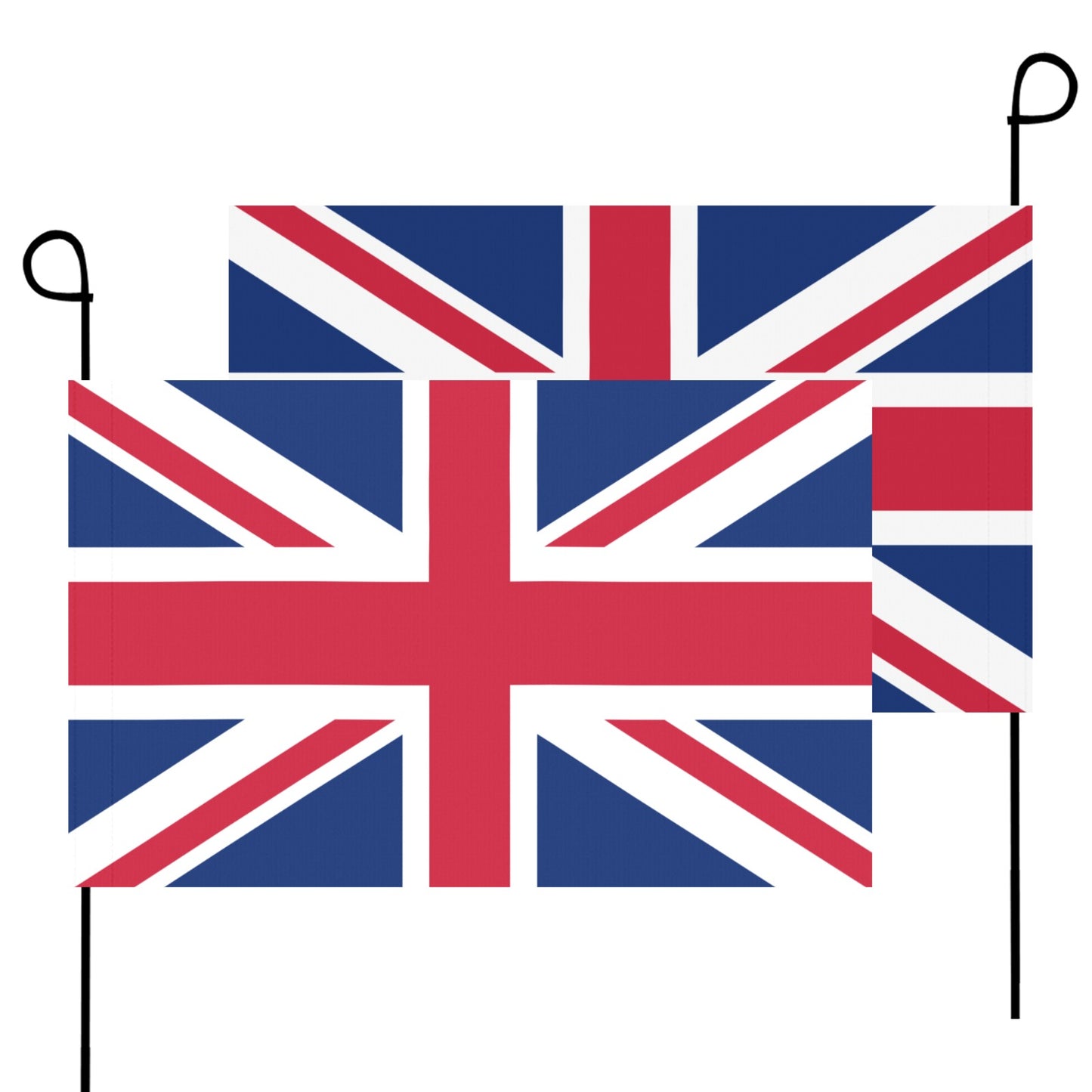 Two Union Jack flags on poles, Luv My Flag.