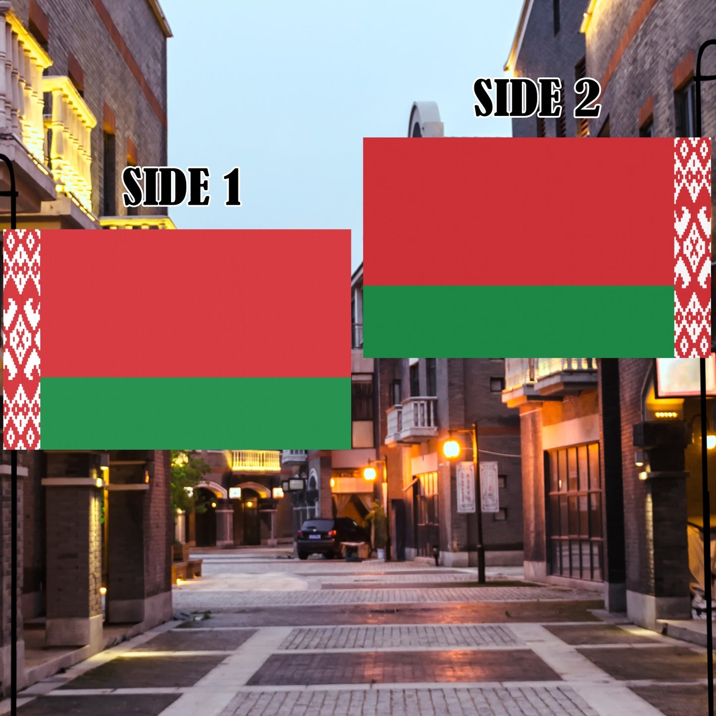 Two Belarus flags displayed in a quaint evening street. Luv My Flag.