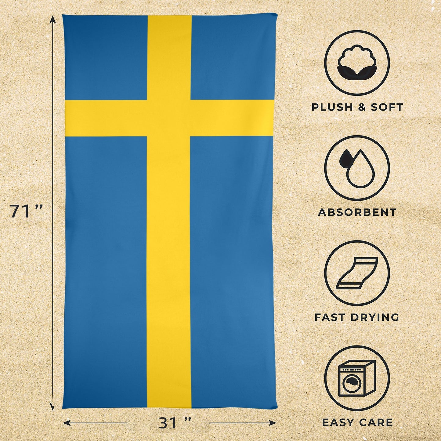 Sweden Flag Beach Towel 31"x71" (Made in USA)