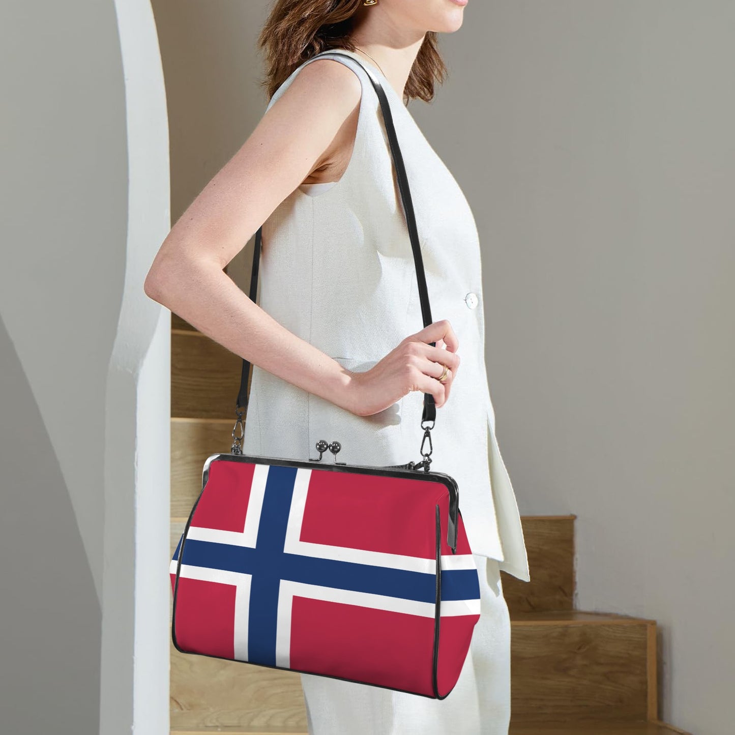 Norway Flag Inspired Kisslock Crossbody Shoulder Bag-Large