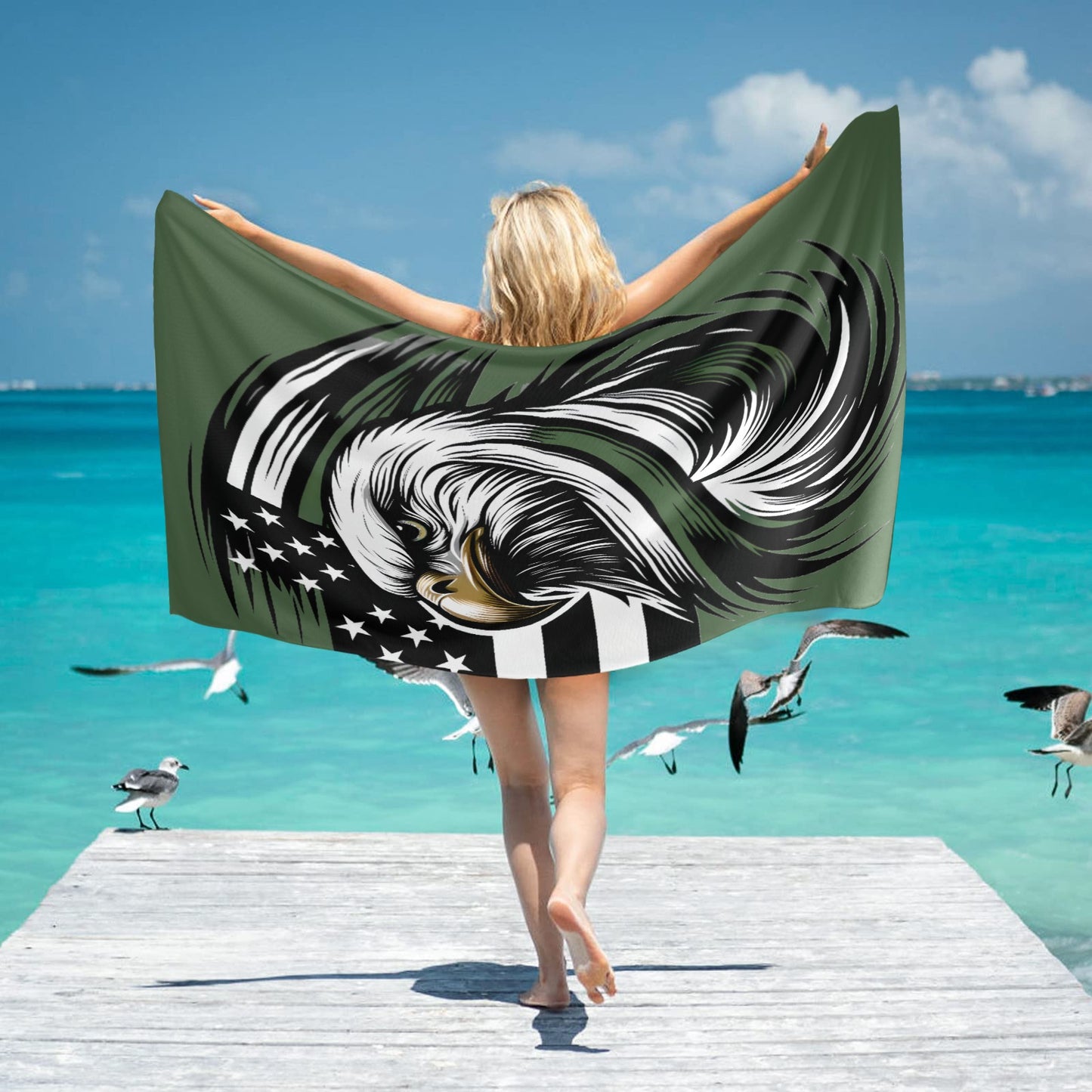 Thin Green Line Flag Inspired Eagle Beach Towel 31"x71" (Made in USA)