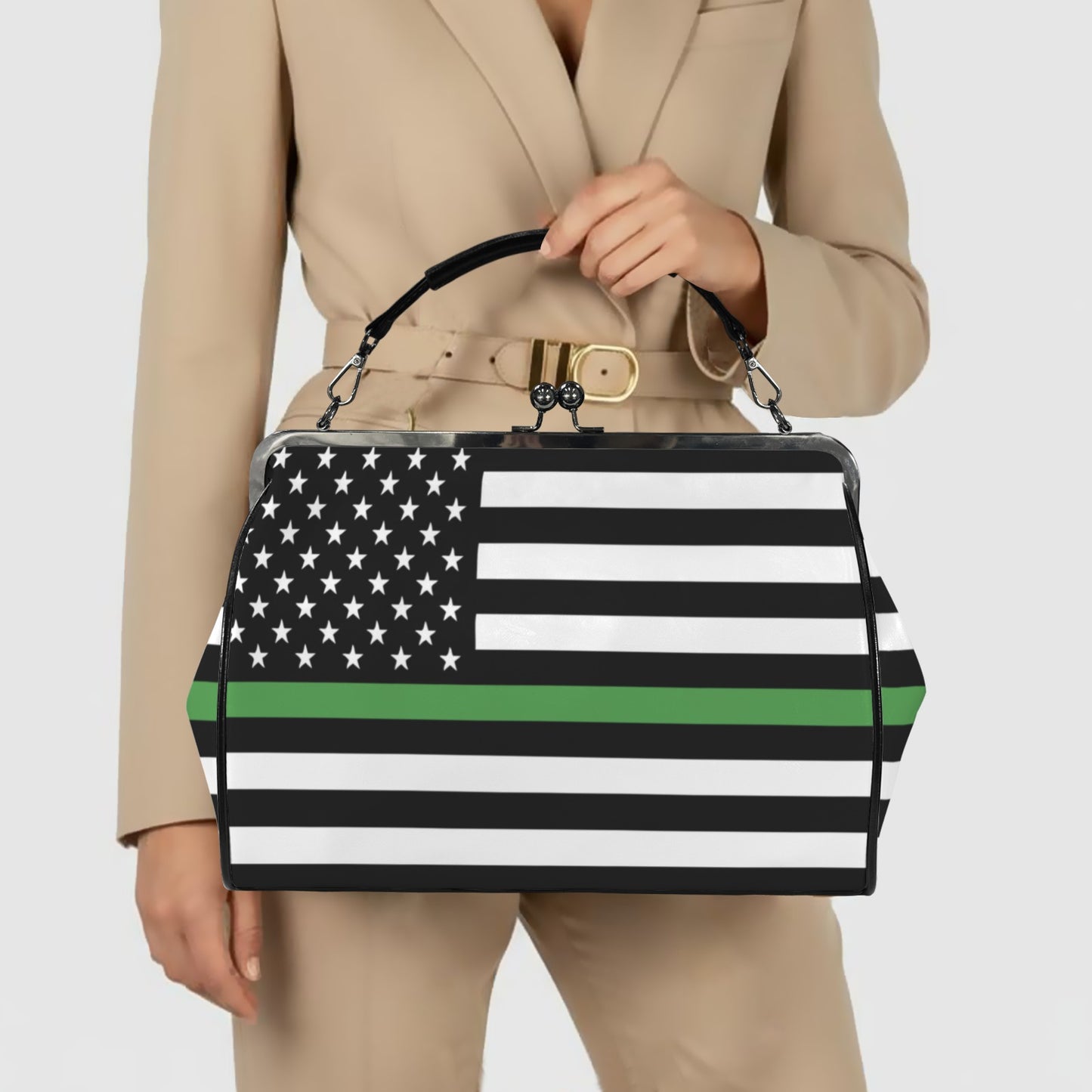 Thin Green Line Flag Inspired Kisslock Crossbody Shoulder Bag-Large