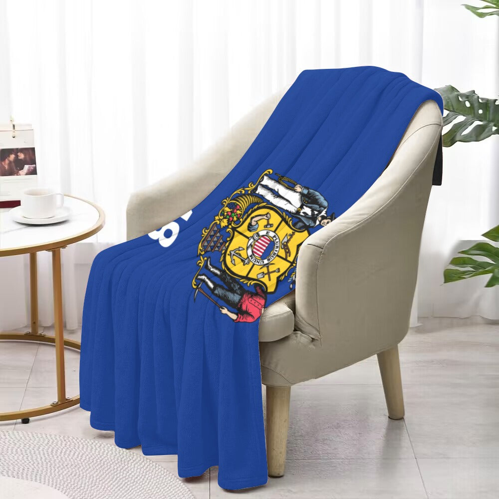Blue throw blanket featuring Wisconsin flag design by Luv My Flag.