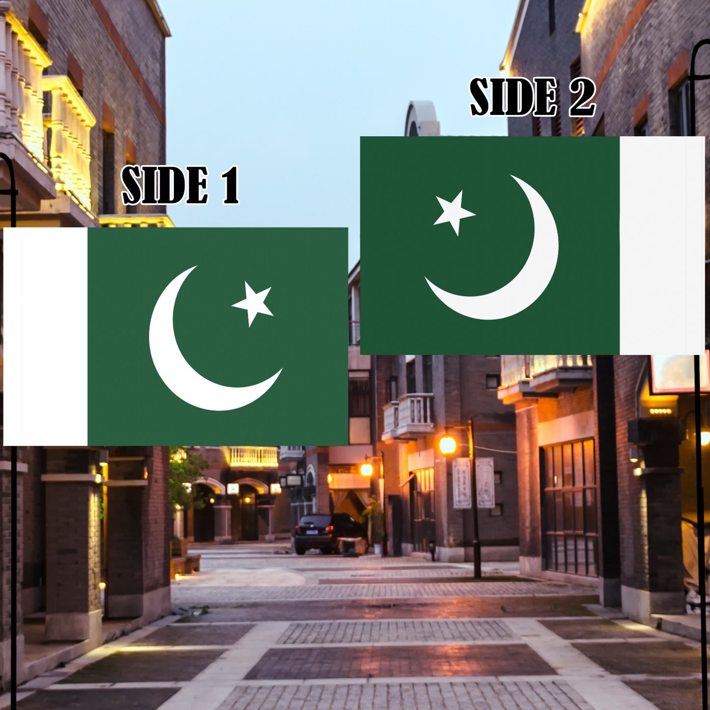 Two-sided Pakistani flag displayed outdoors, brand: Luv My Flag.