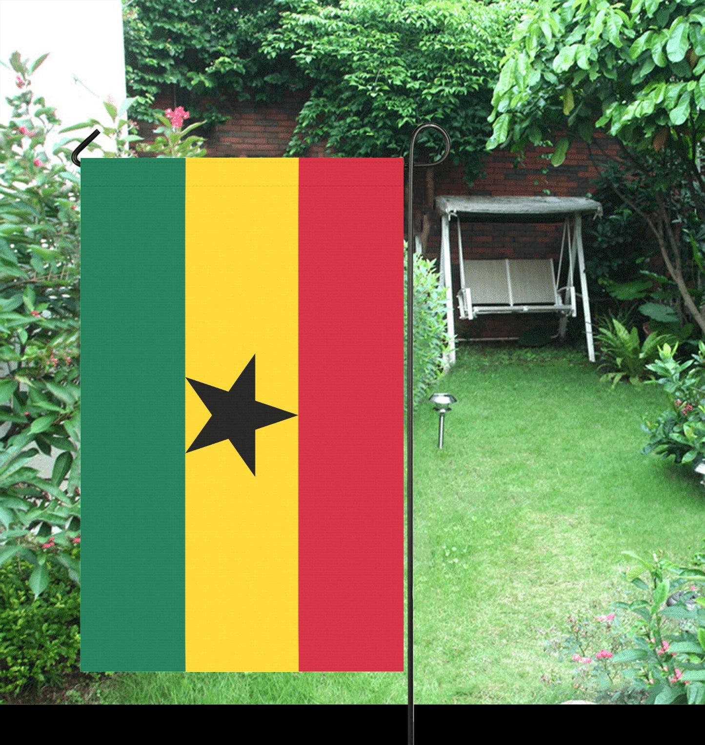 Luv My Flag yard banner featuring Ghana flag, garden view.