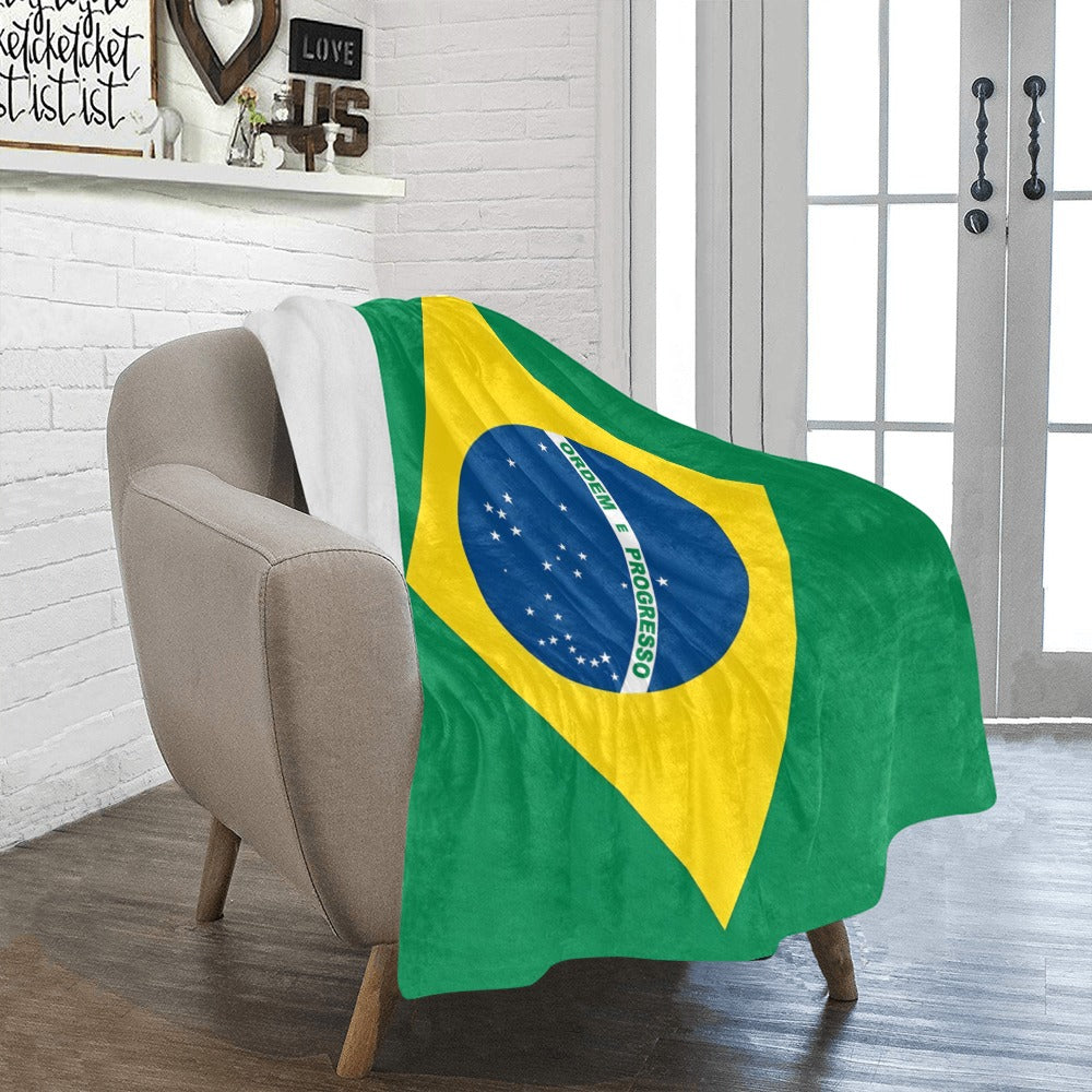 Cozy chair draped with Brazilian flag blanket, Luv My Flag.