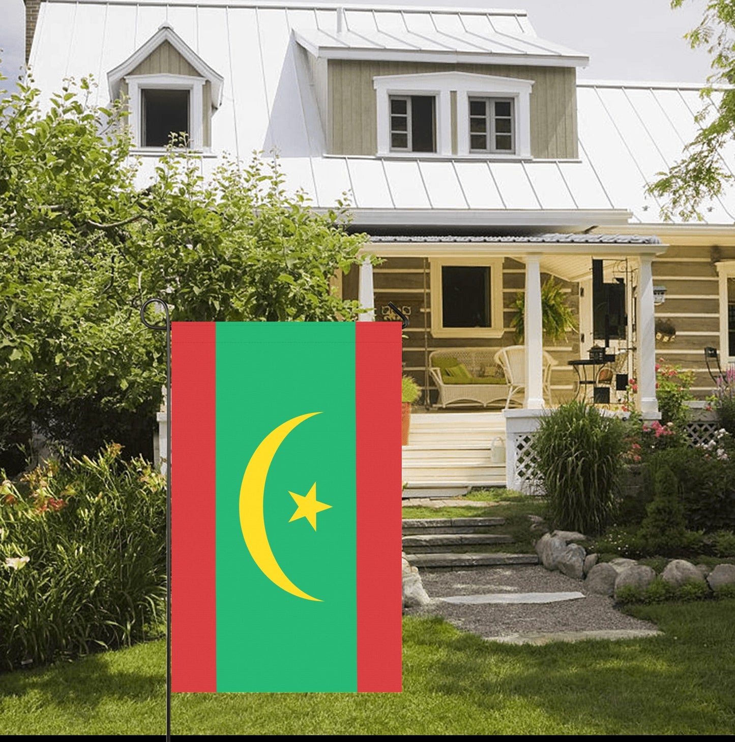 Front porch with Luv My Flag Mauritania garden flag.