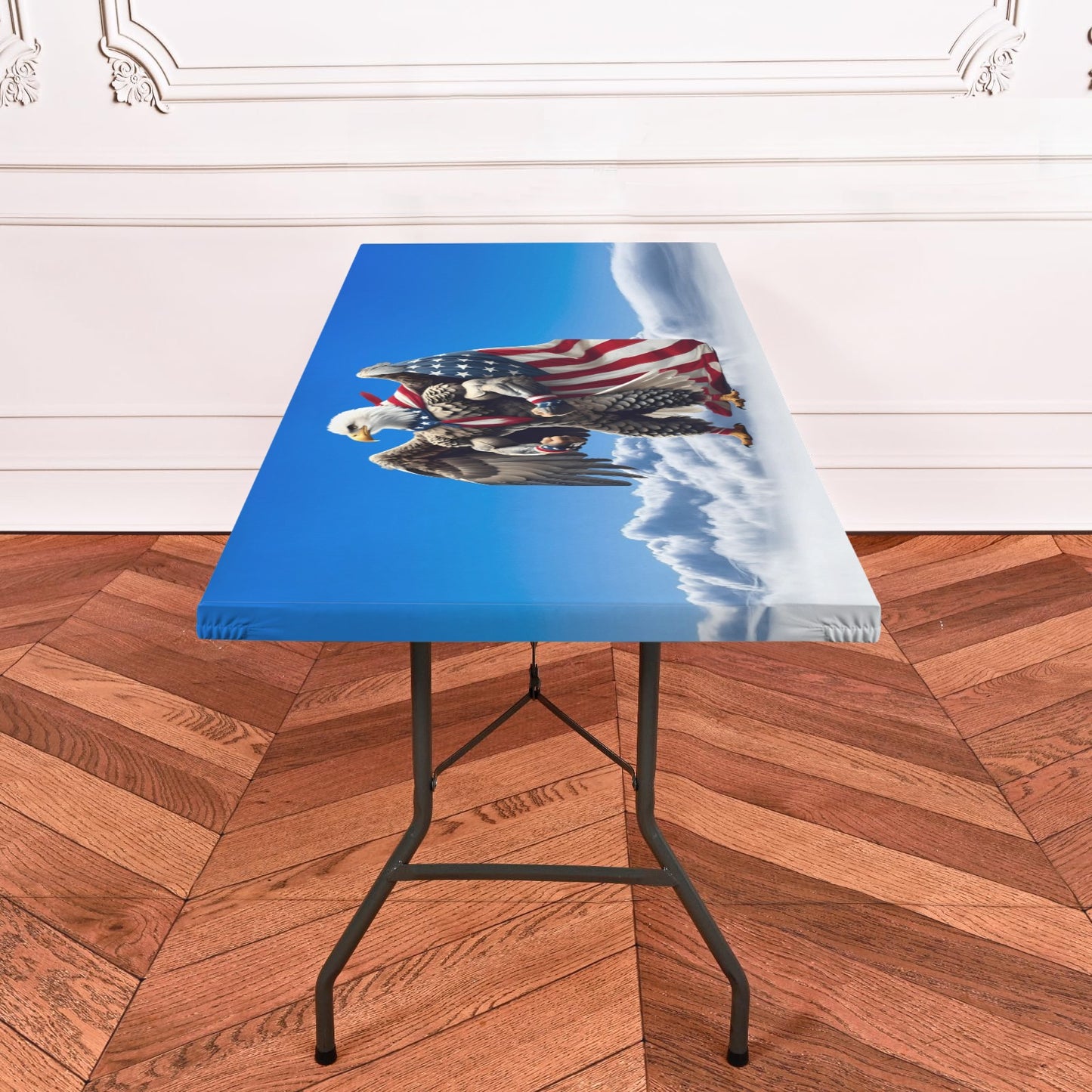 USA/American Flag Inspired Eagle with Cape in Clouds Custom Elastic Fitted Tablecloth 72x30 inch (Made in the USA)
