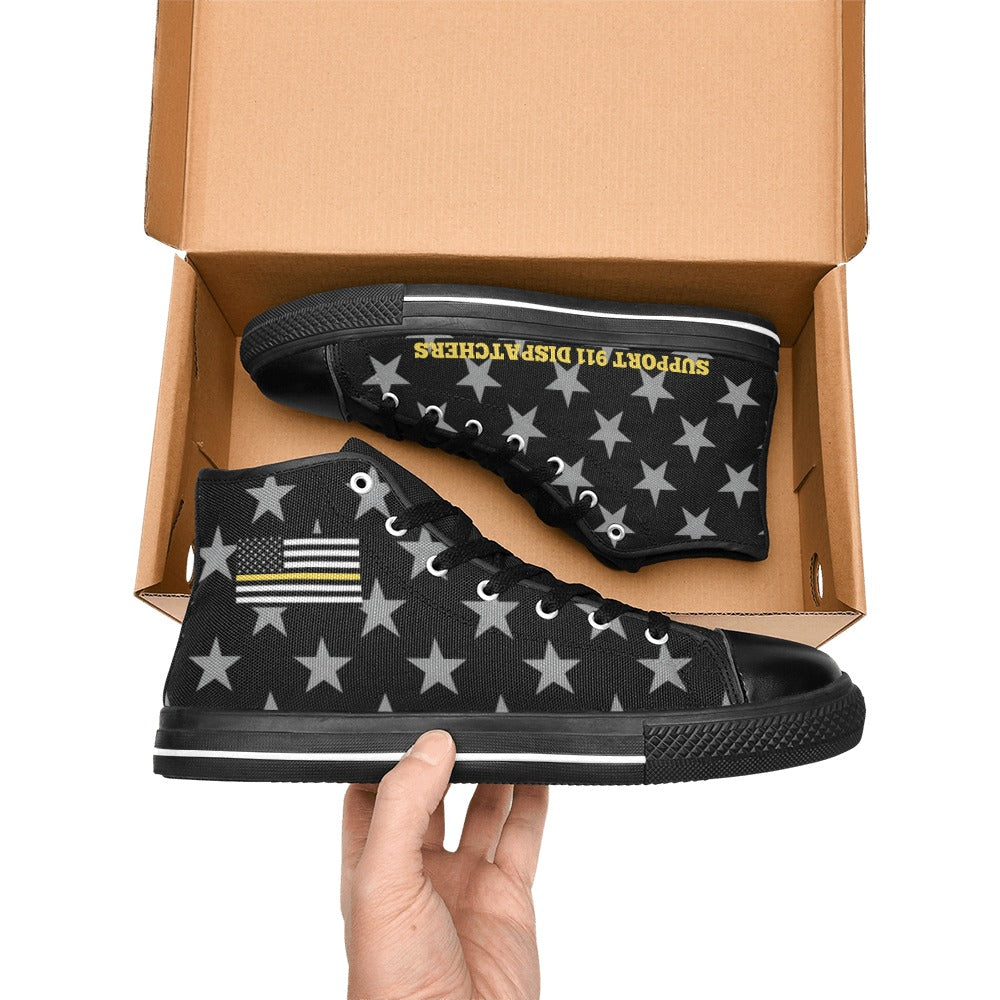 Thin Gold Line Flag Inspired "SUPPORT 911 DISPATCHERS" Kid's High Top Canvas Shoes