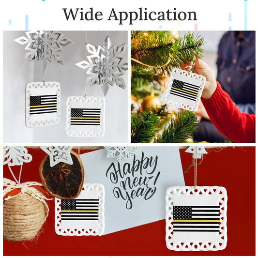 Thin Gold Line Flag Inspired Square Ceramic Ornament (Made in the USA)