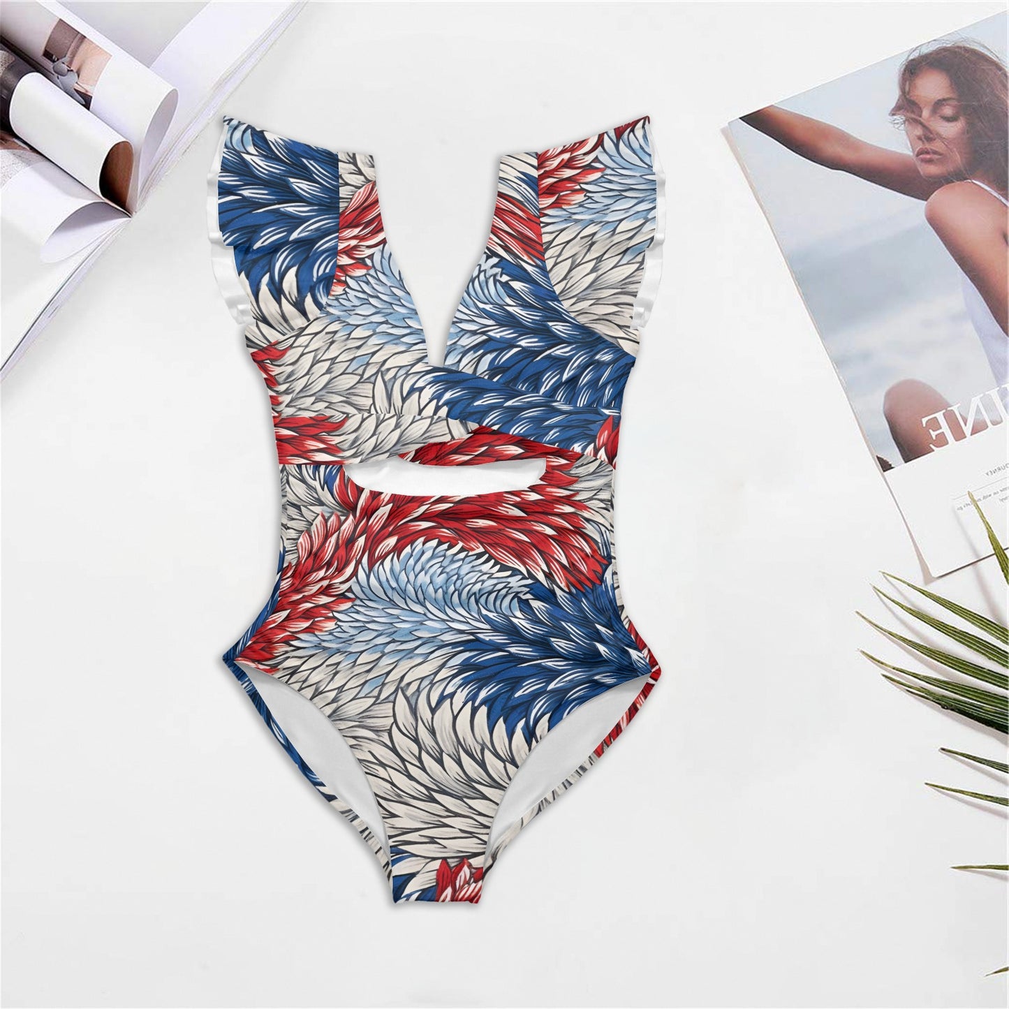 USA/American Flag Inspired Floral Pattern Women's Twist Front Ruffle Sleeve Swimsuit