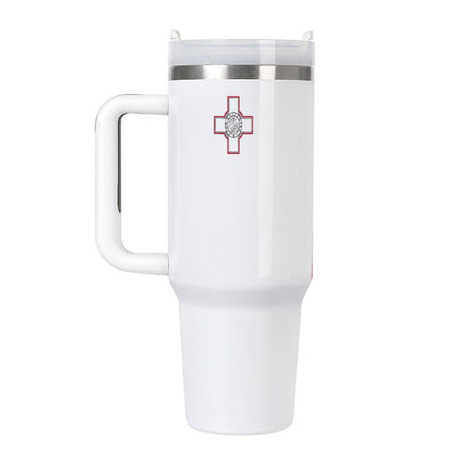 White powder-coated tumbler with handle and cross design.