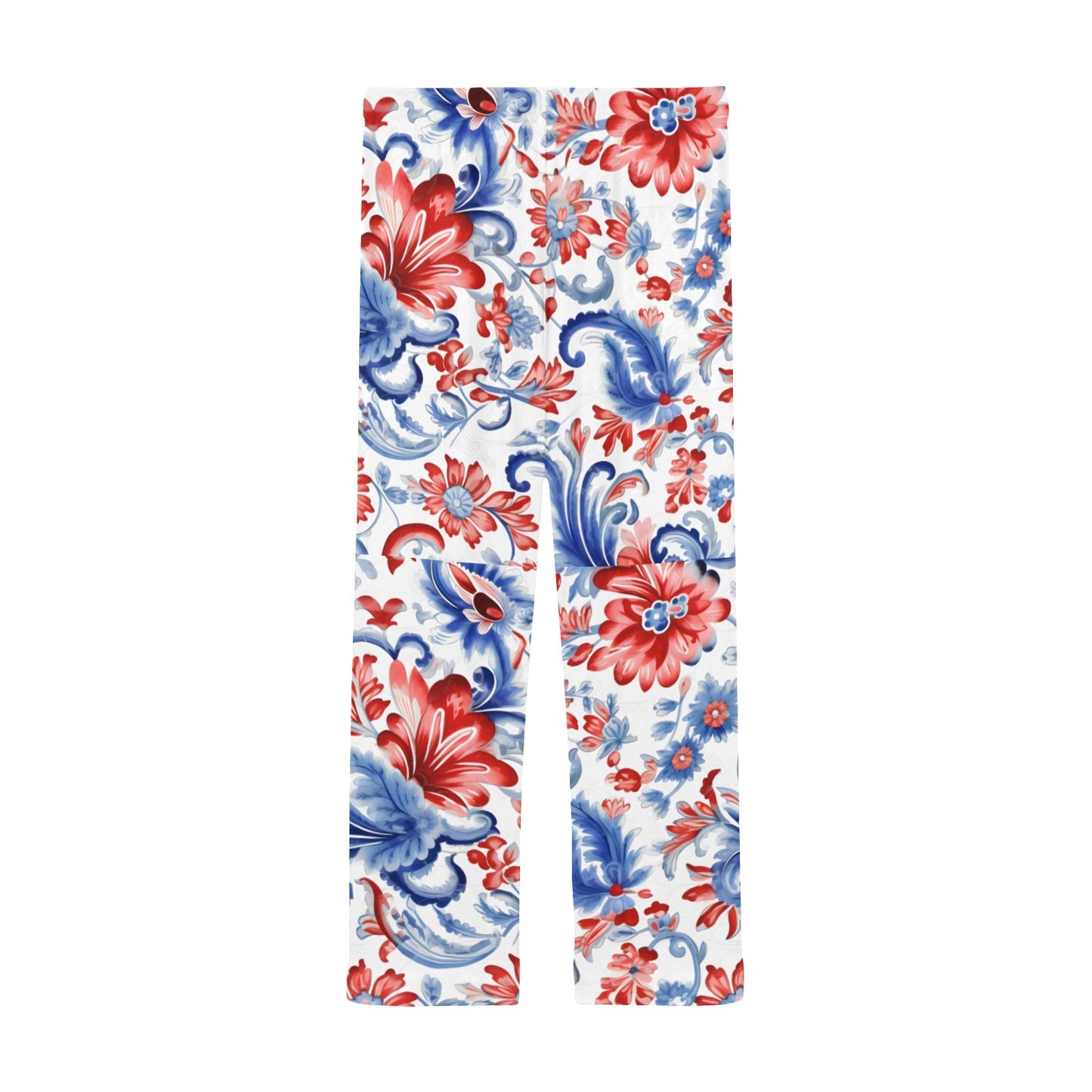 USA/American Flag Inspired Red White & Blue Floral Paisley Pattern Men’s Pajama Trousers with Pockets (Made in the USA)