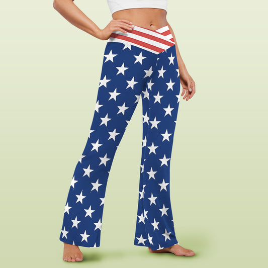 USA/American Flag Inspired Women's V-Crossover High Waisted Flare Leggings