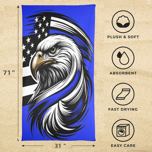 Thin Blue Line Flag Inspired Eagle Beach Towel 31"x71" (Made in USA)
