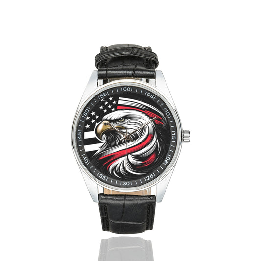 Thin Red Line Flag Eagle Men's Casual Leather Strap Watch