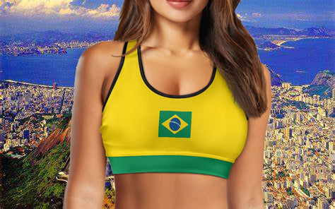 Brazil Flag Inspired Women’s Sports Bra with Back Pocket – Black or White Trim - Luv My Flag