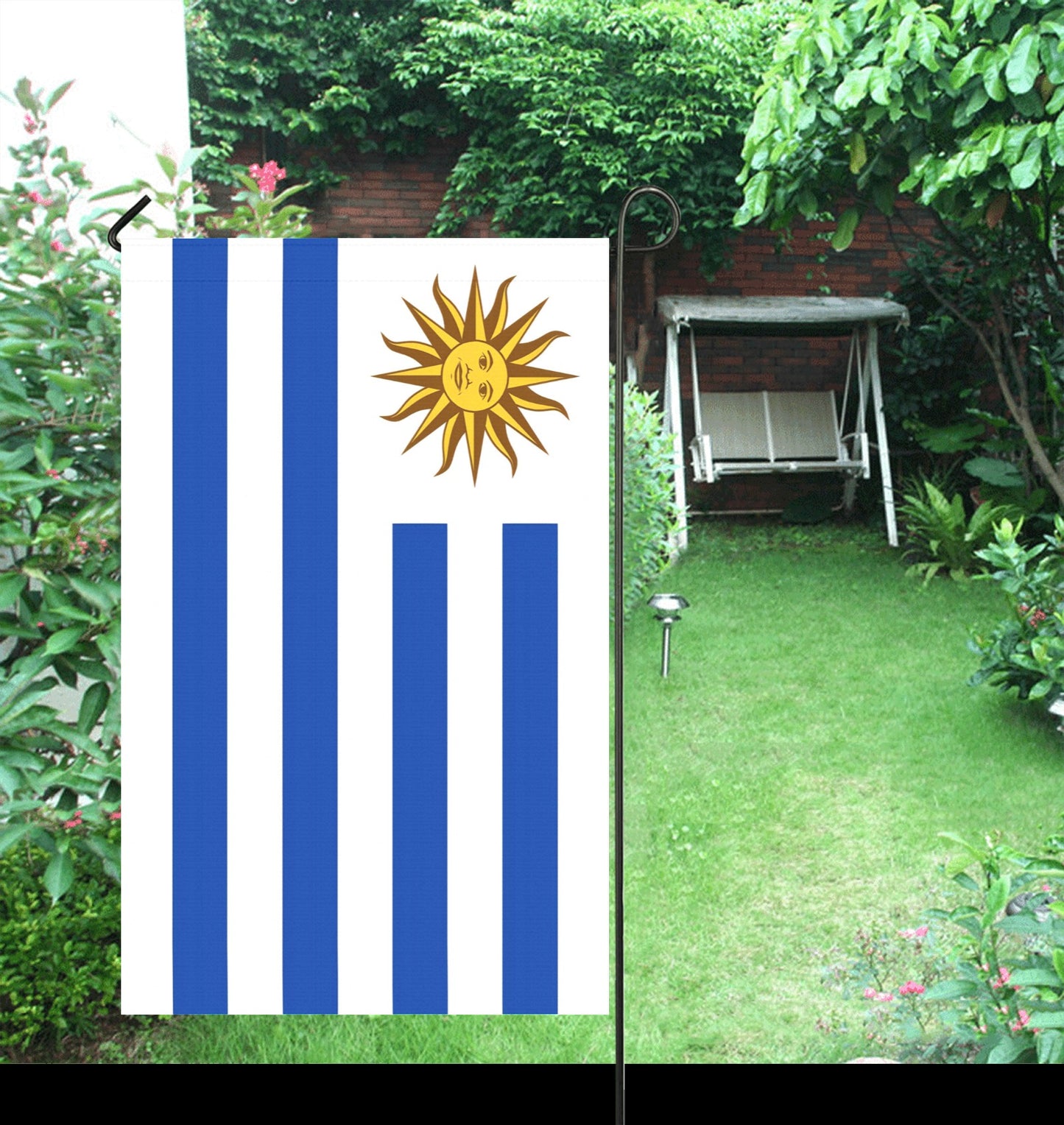 Luv My Flag garden flag with sun, blue stripes.