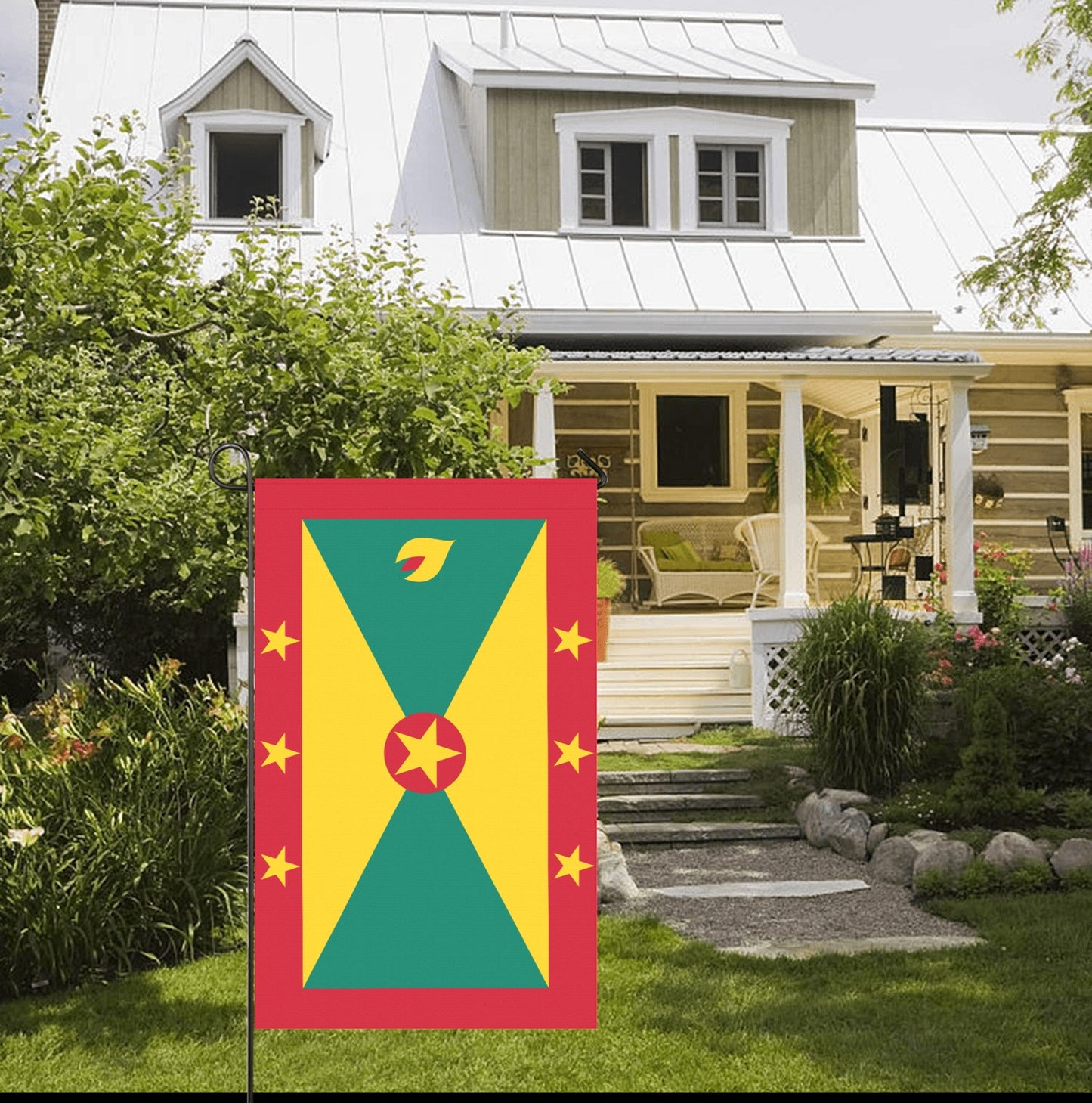House with Luv My Flag outside, vibrant garden setting.