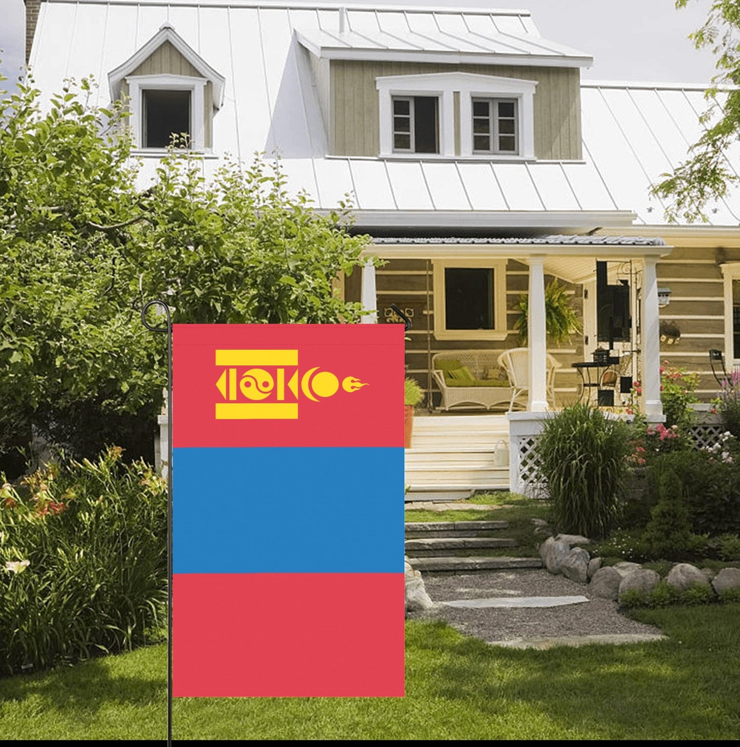 Front yard displaying Mongolian flag by Luv My Flag.