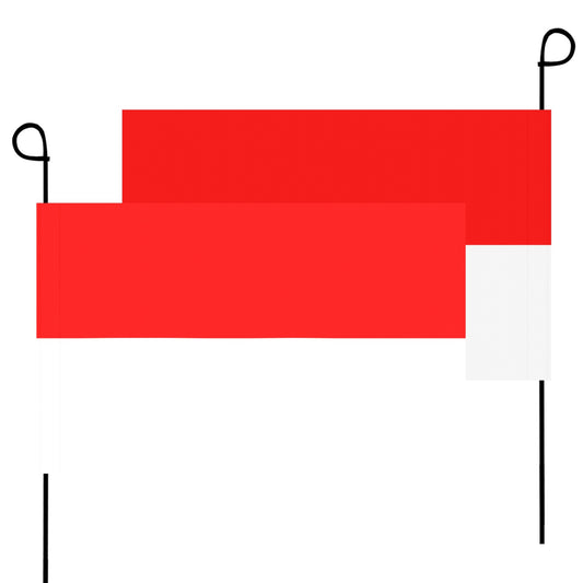 Red and white garden flags by Luv My Flag brand.