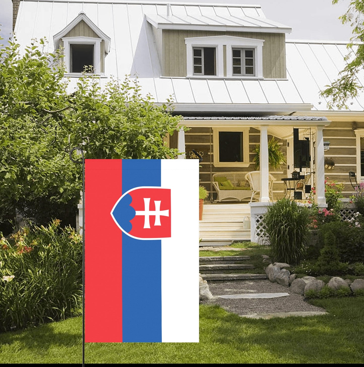 Luv My Flag Slovak flag displayed in front garden.