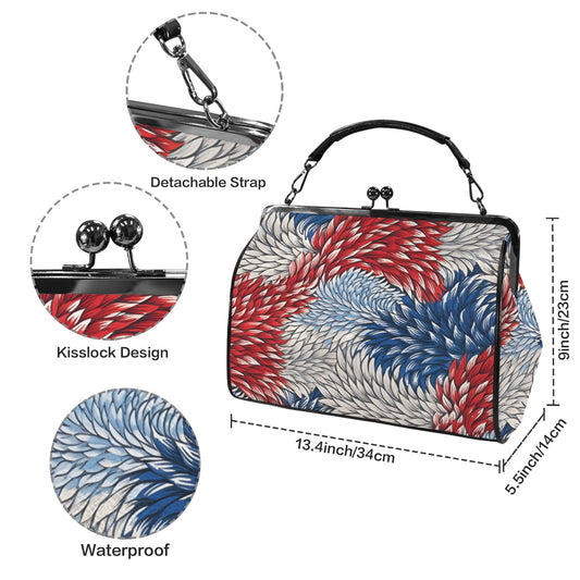 USA/American Flag Red White & Blue Floral Pattern Kisslock Crossbody Shoulder Bag-Large