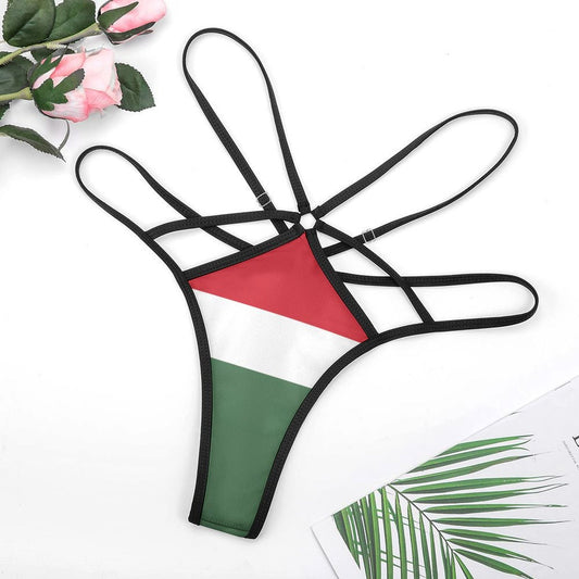 Certainly! Here's a concise alt tag:
"Brand bikini, black straps, red-white-green flag design."