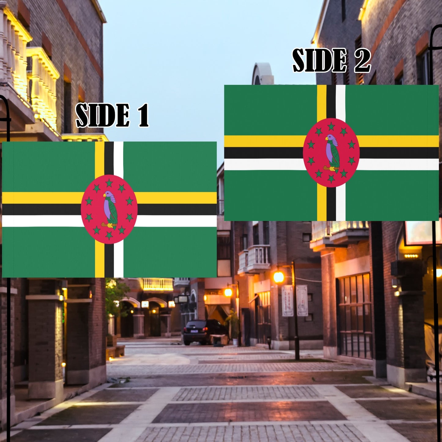 Luv My Flag showcases Dominica flags on street poles.