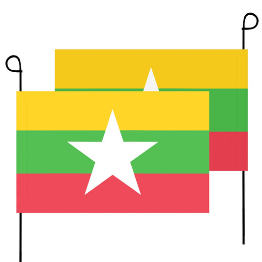 Two Myanmar garden flags by Luv My Flag displayed.
