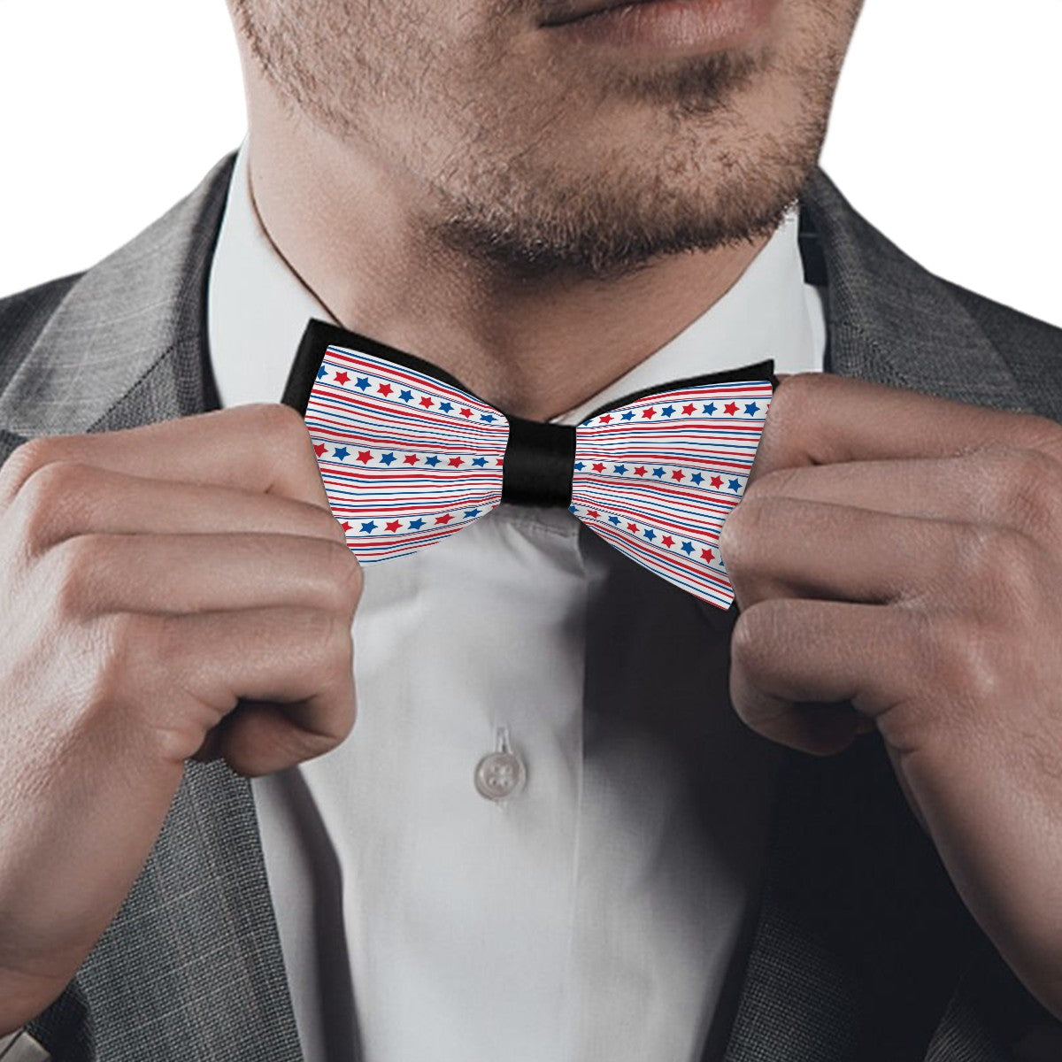 American Starstruck Bow Tie – Red White Blue Stripes with Red and Blue Stars - Luv My Flag