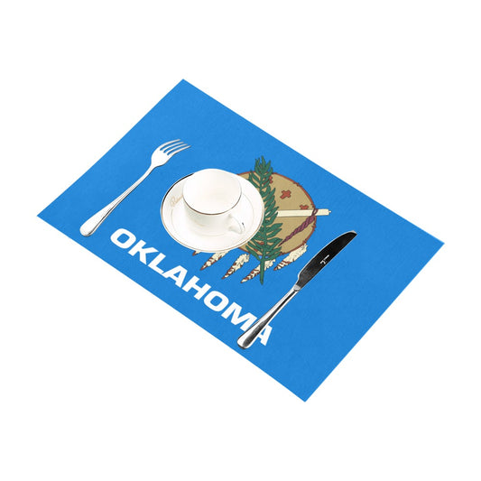 Luv My Flag Oklahoma placemat featuring cutlery and cup.