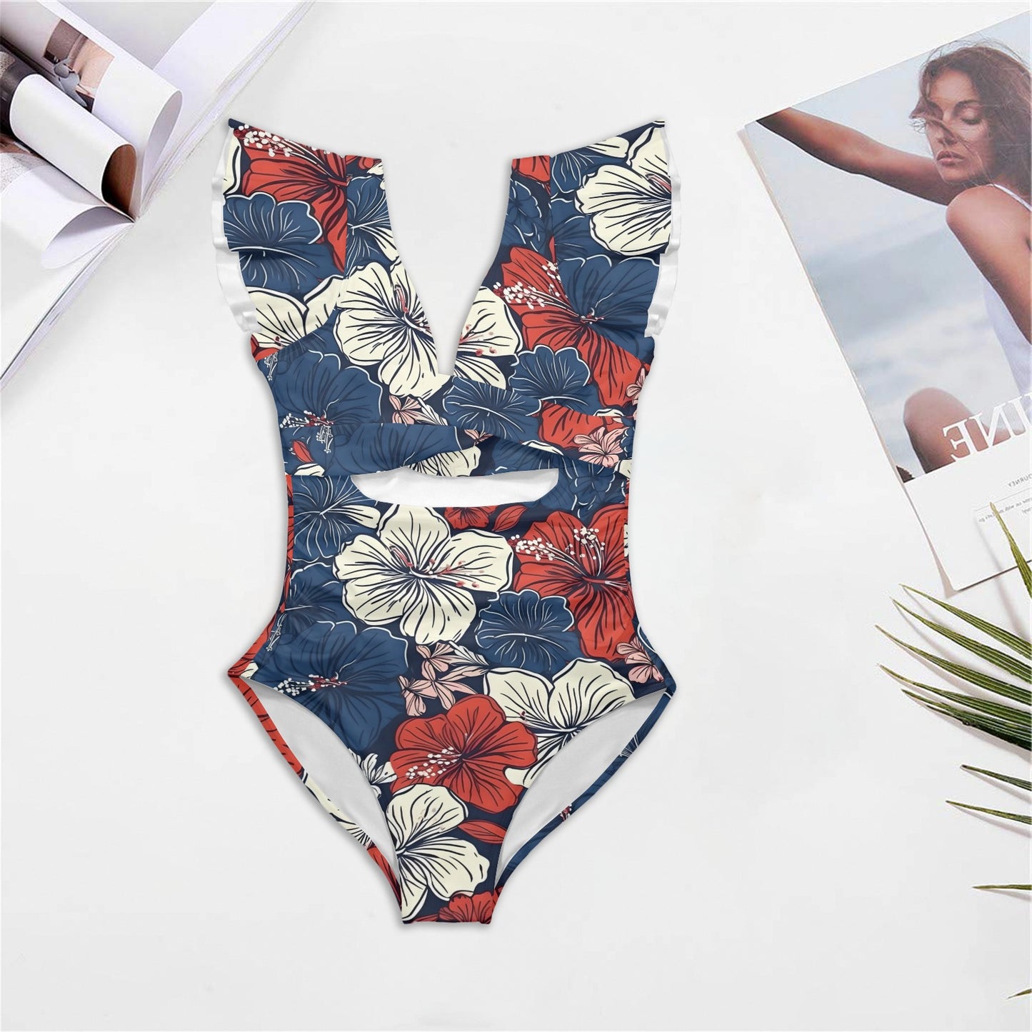 USA/American Flag Inspired Hawaiian Floral Pattern Women's Twist Front Ruffle Sleeve Swimsuit