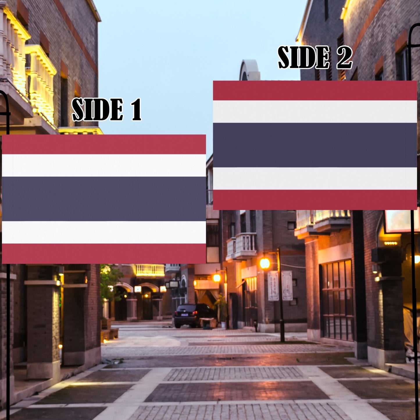 Two Luv My Flag banners displayed on a vibrant street.