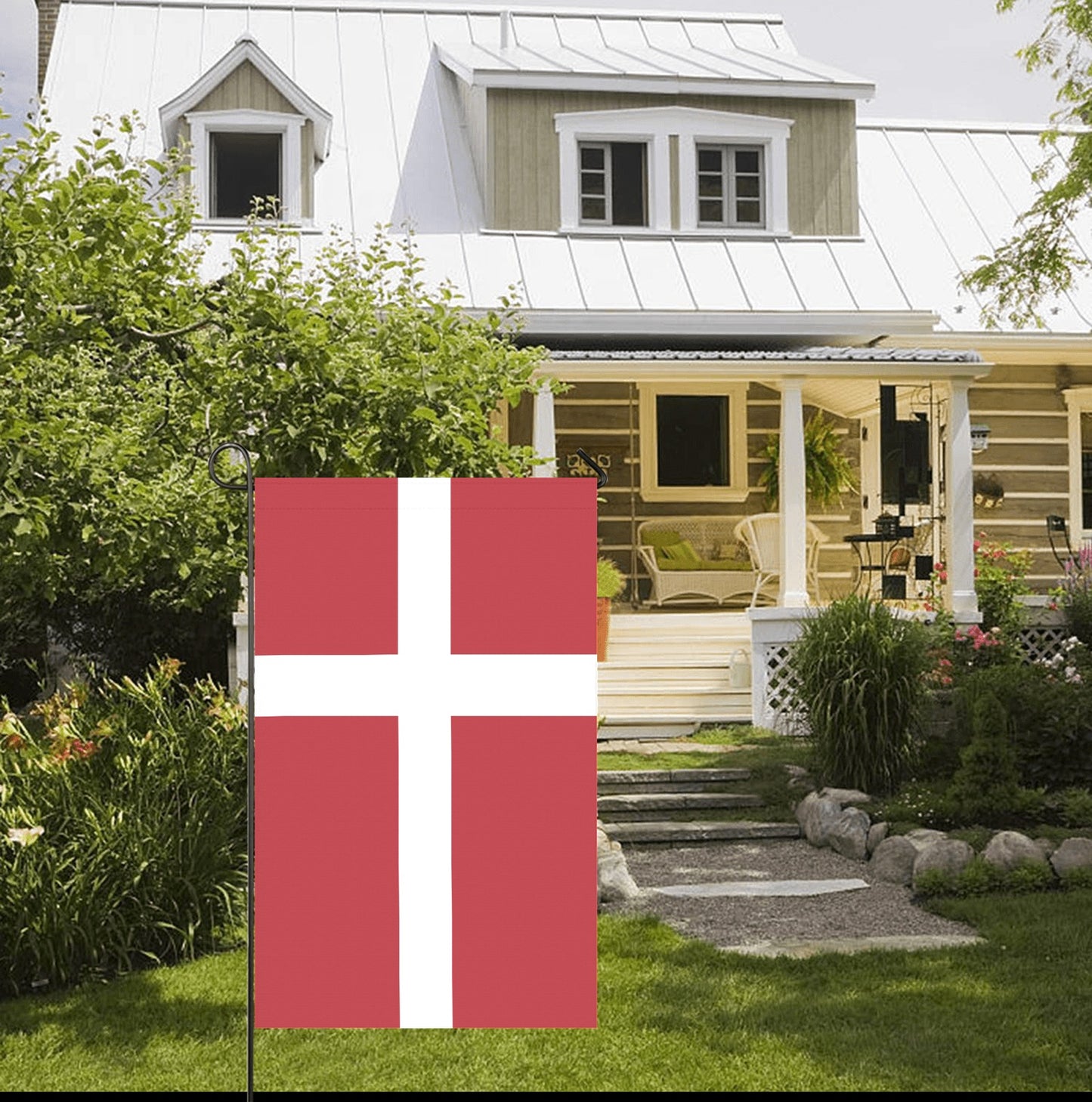 Red flag with cross by cozy house, Luv My Flag.