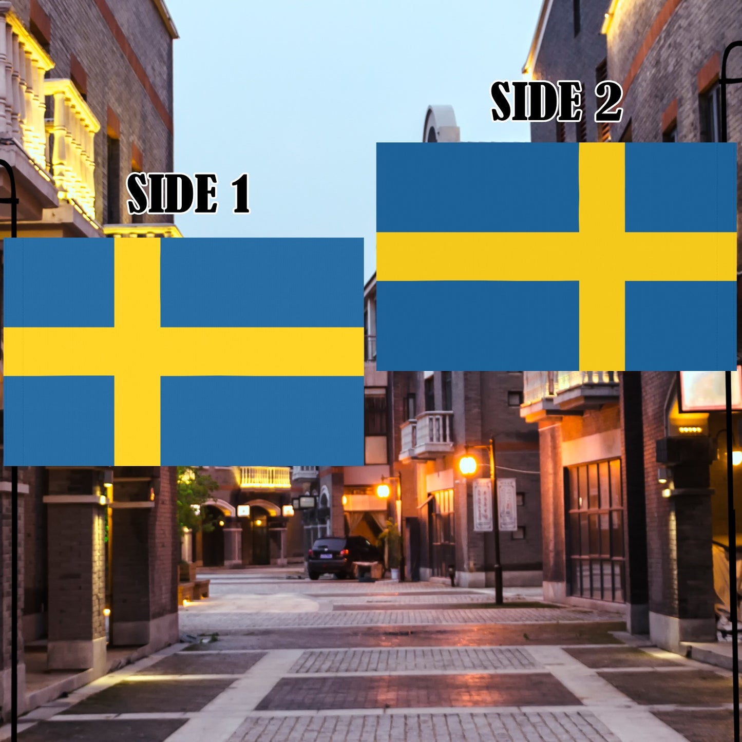 Two Swedish flags displayed outdoors. Brand: Luv My Flag.