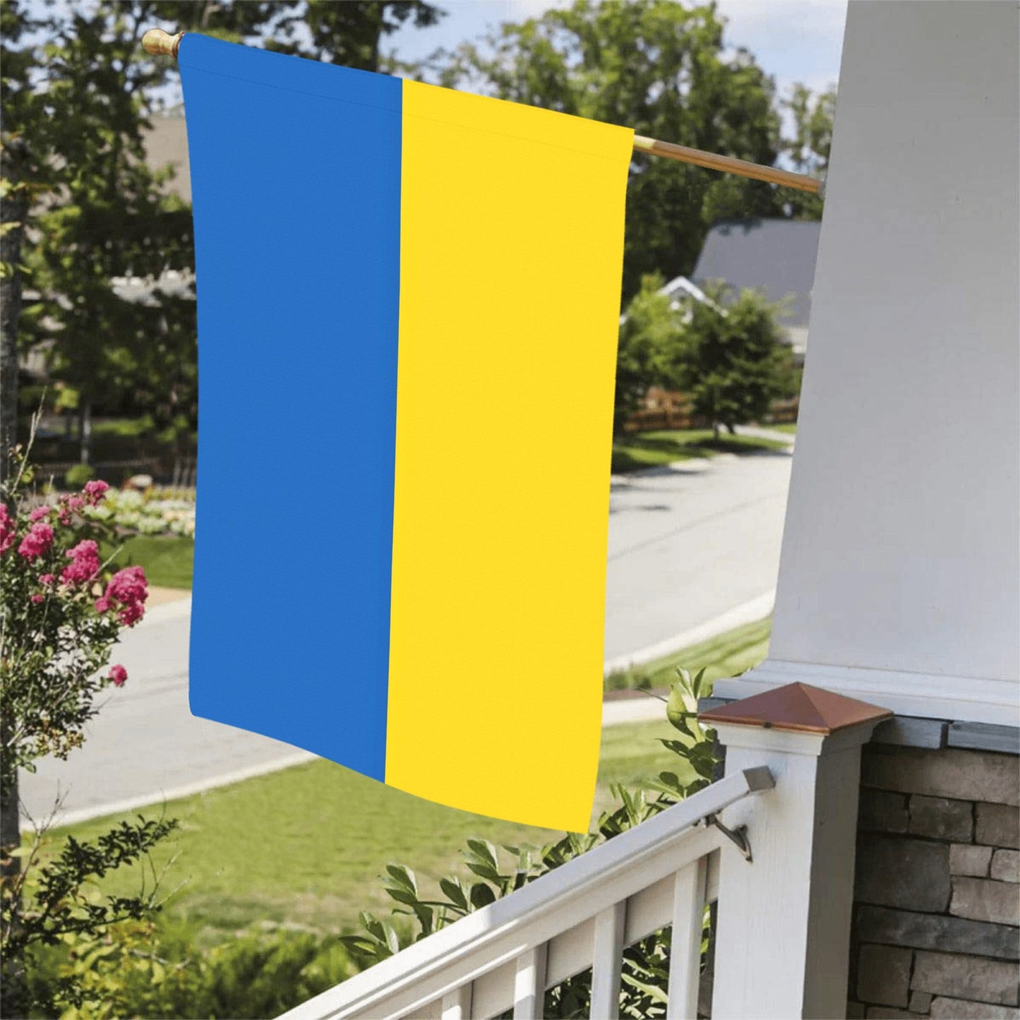 Luv My Flag Ukraine flag displayed on sunny porch.